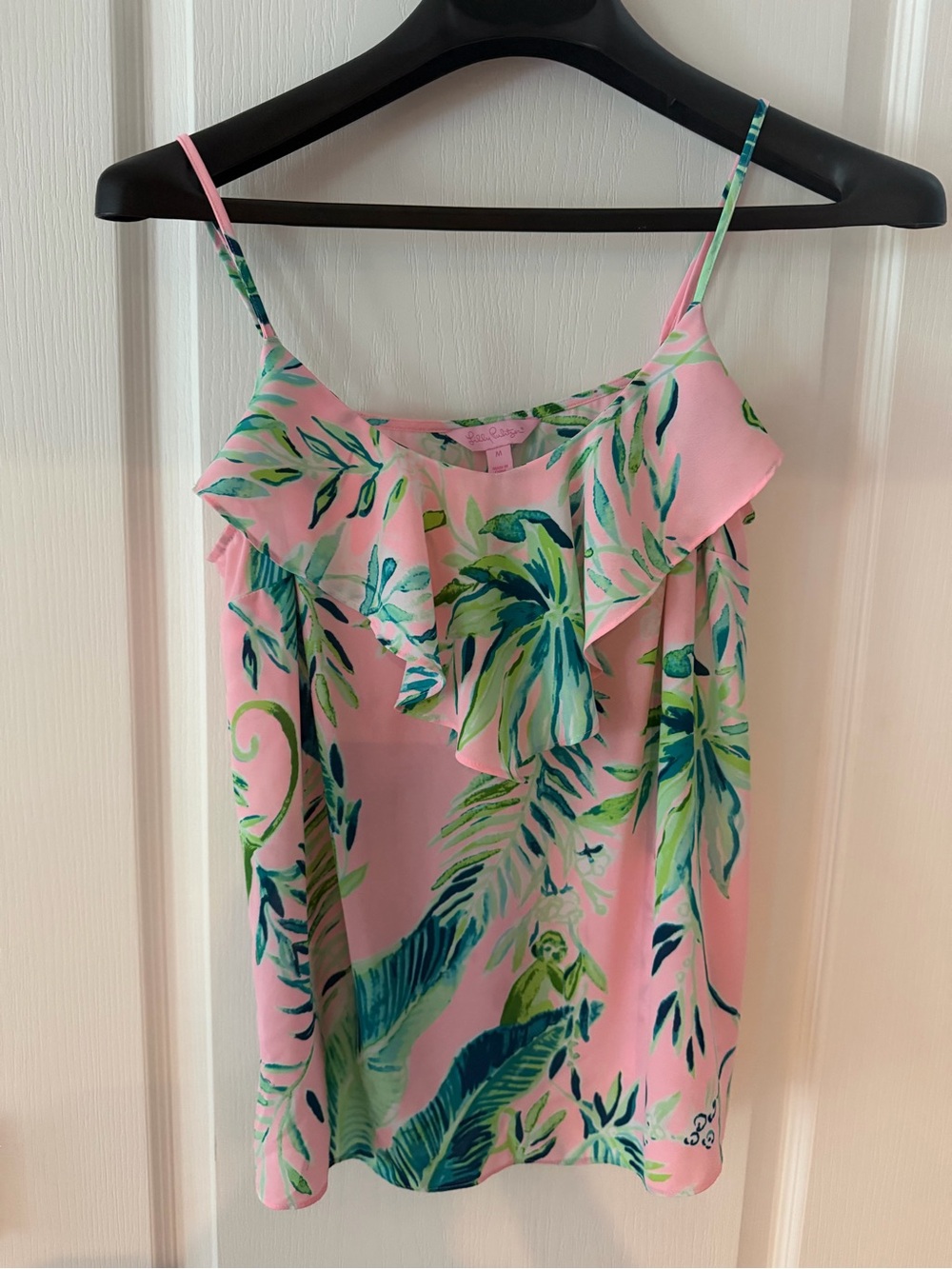 Lilly Pulitzer Pink Tropical Ruffle Cami with Green & Blue Leaf Print